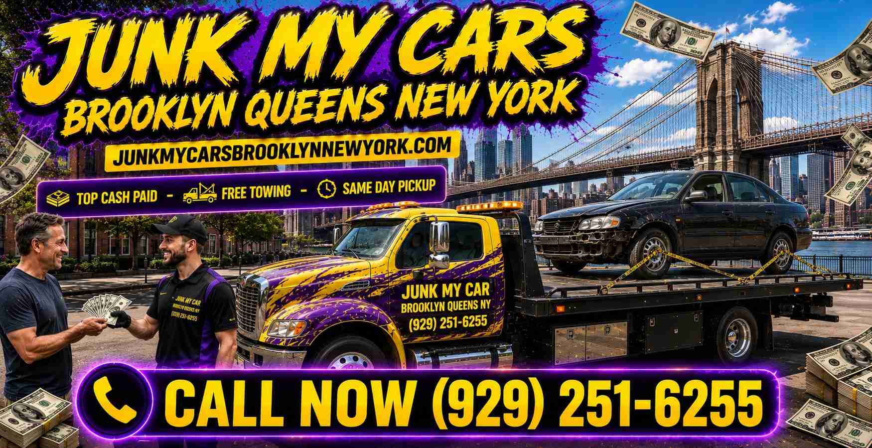 Junk My Car Brooklyn Queens New York (929) 251-6255 flatbed tow truck loading a junk car in Bellerose Queens NY 11426 - we buy junk cars, trucks, SUVs and vans with free towing and same day pickup